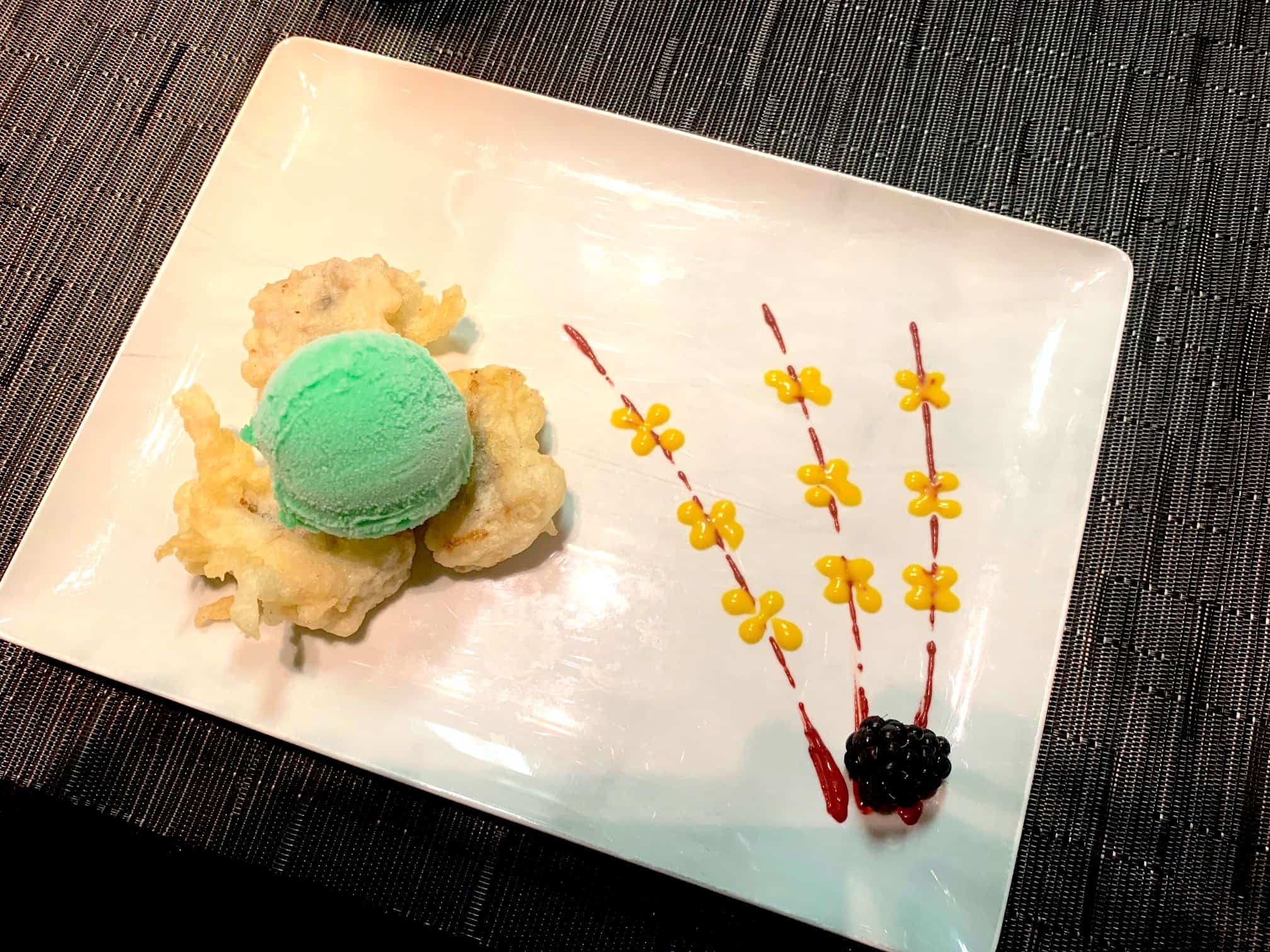 Green tea ice cream and tempura banana