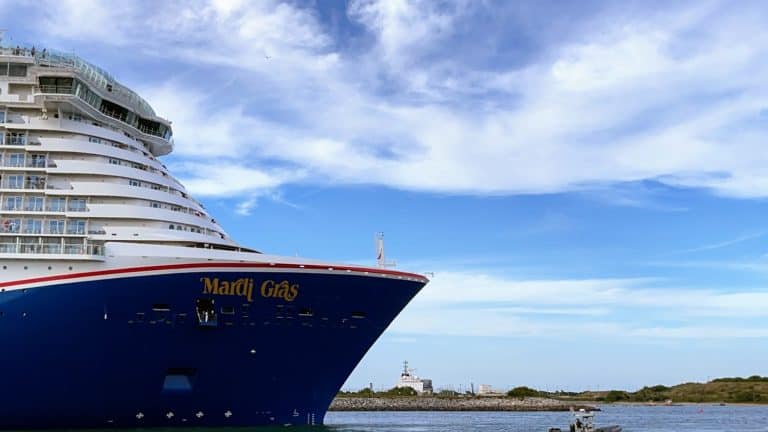 A large cruise ship named "Mardi Gras" is majestically docked near a shoreline on a sunny day with a partly cloudy sky. The shoreline, adorned with small structures and greenery, adds to the picturesque scene.