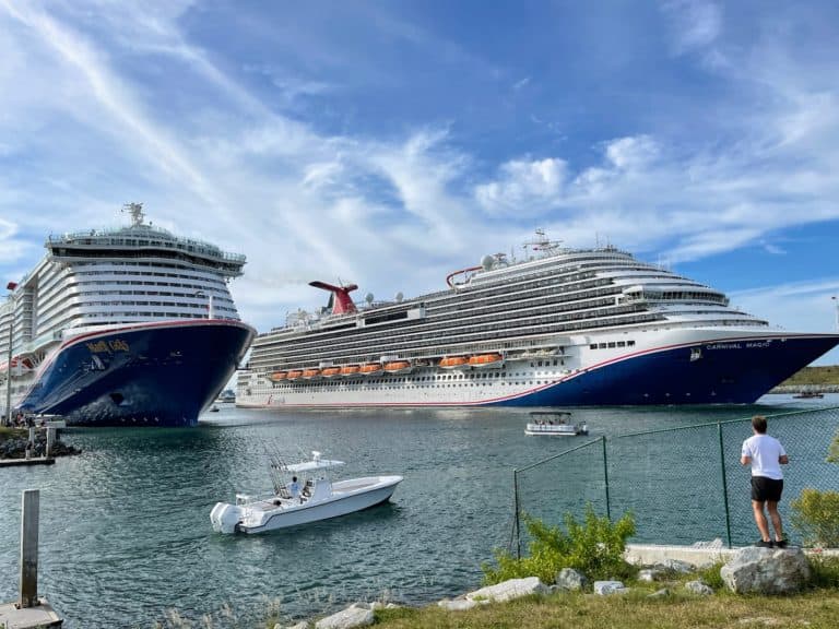 cleanest cruise ships. Two large cruise ships are docked side by side at a port under a partly cloudy sky, adhering to the CDC New Conditional Sailing Order. A smaller boat is on the water nearby. In the foreground, a person stands near a green fence, gazing at the ships. Grass and rocks line the shoreline, adding natural charm and surprises.