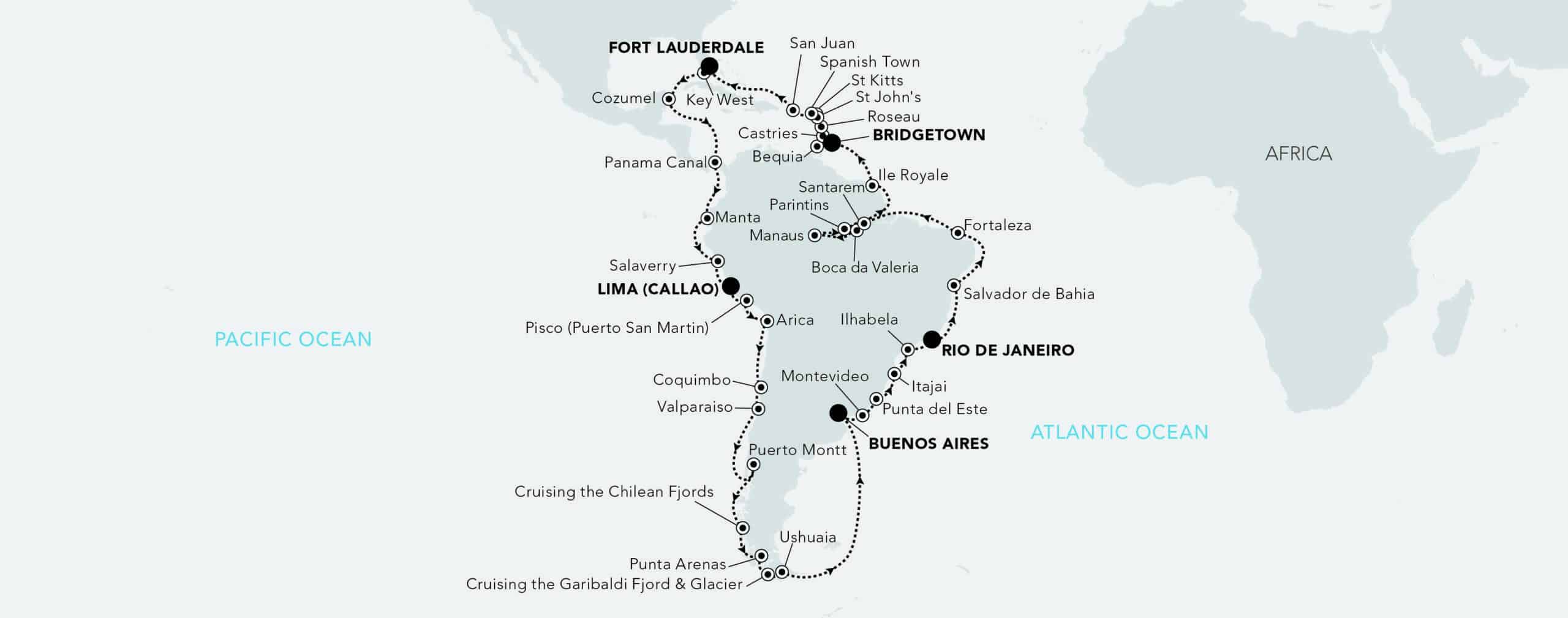 Silversea Grand Voyage Sudamérica 2024 Mapa del itinerario