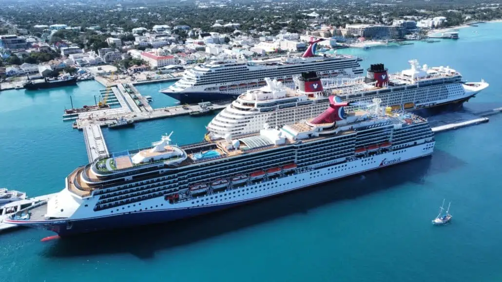 Carnival Legend, Carnival Liberty, Disney Dream in a port in Nassau