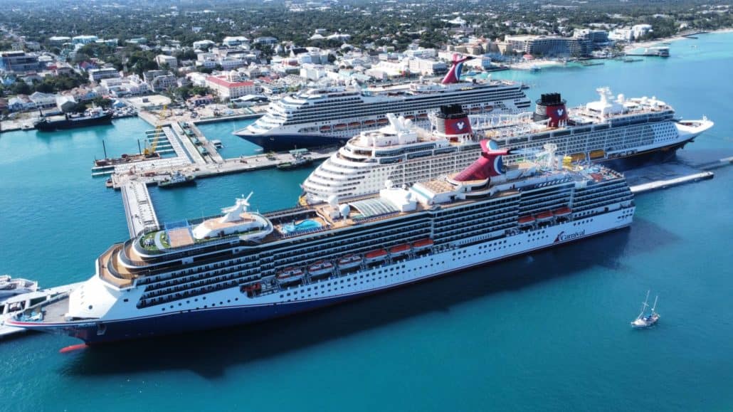 Aerial view of Carnival Legend, Carnival Liberty, and Disney Dream in  Nassau