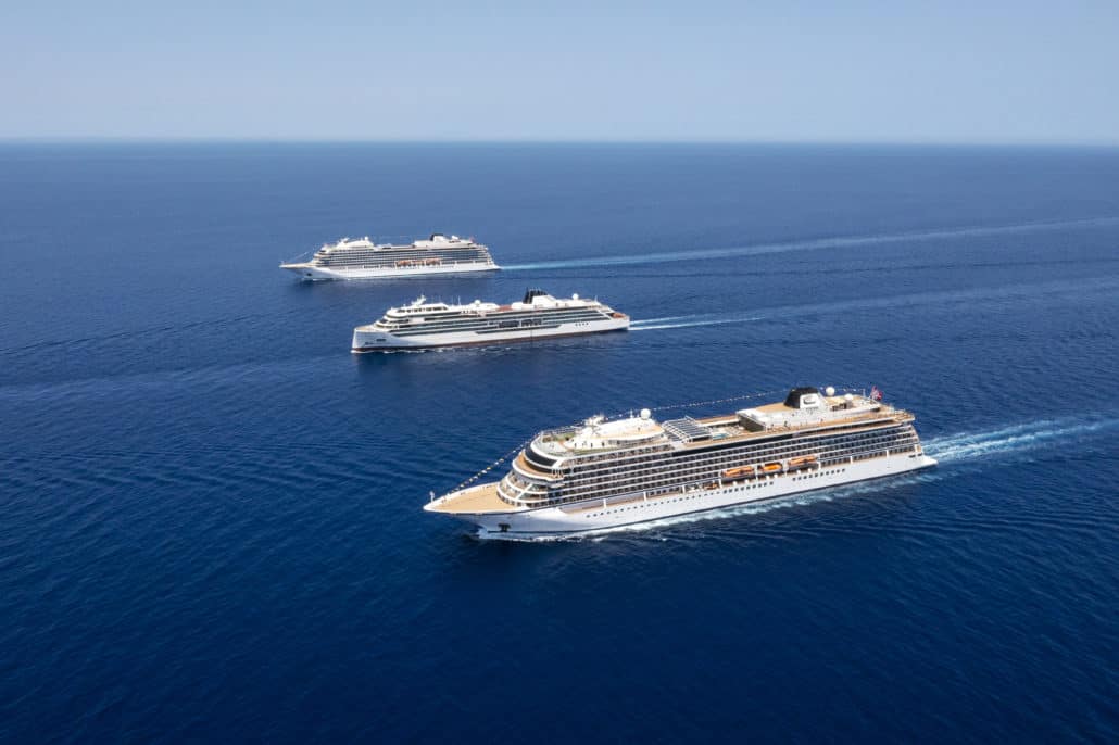 Aerial view of three Viking Ocean ships 