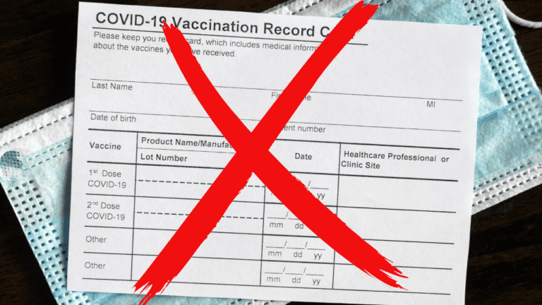 An image of a COVID-19 Vaccination Record Card placed on top of disposable face masks. A large red "X" is drawn over the card, highlighting its invalidation, as a major cruise line welcomes guests with updated health protocols.