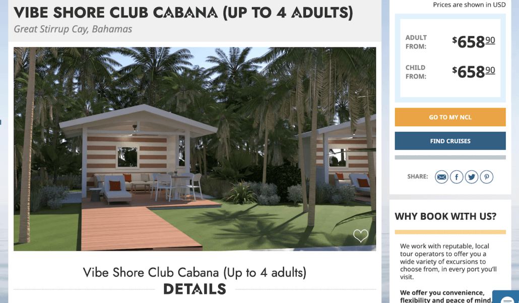 A wooden cabana with a shaded porch, chairs, and table sits among palm trees and greenery, creating a relaxing Vibe Beach Club atmosphere. Another similar cabana is visible nearby on Great Stirrup Cay, Bahamas.