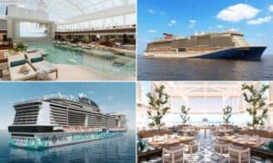 A composite image of four different scenes from new cruise ships: an indoor pool area with loungers, a close-up of a cruise ship on the ocean, another angle of a large vessel, and an elegantly decorated dining room with large windows.