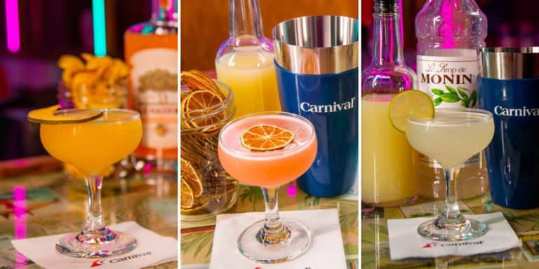 A triptych image of new cocktails on a bar. The left image features an orange cocktail with a slice of dried orange. The center image has a pink cocktail with a dried lemon slice. The right image shows a clear cocktail with a lime slice, perfect for any Carnival Celebration. Bottles and shakers in the background.