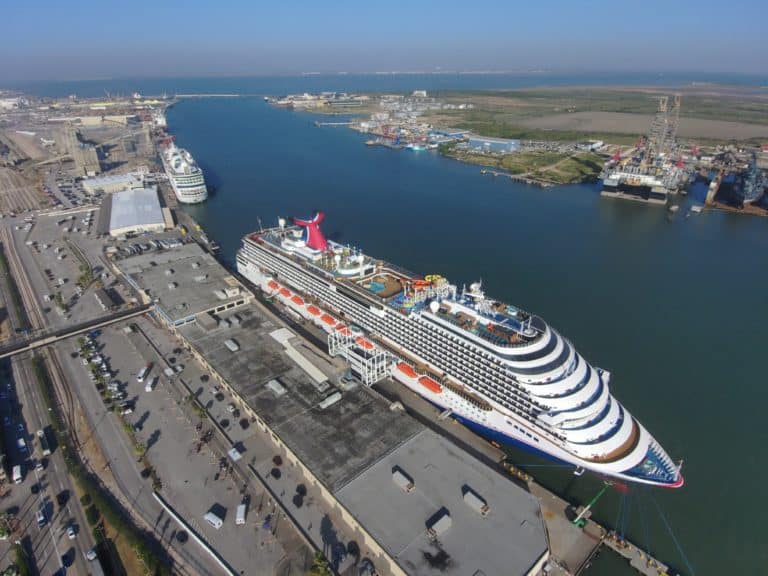 An aerial view of the Port of Galveston, a top U.S. cruise and cargo port, with Royal Caribbean Cruise Line’s Grandeur of the Seas pictured in the foreground.