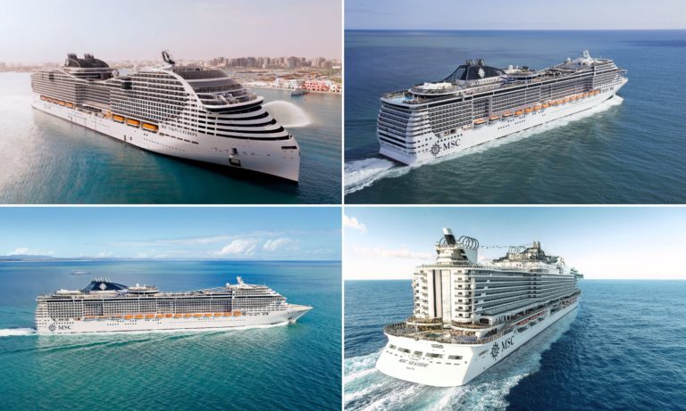 This image shows four views of a large cruise ship named MSC. The ship, one of the prominent MSC Cruises ships by size, is white with black detailing, multiple decks, and various amenities visible on board. Seen from different angles including front, side, and rear views, it sails majestically on the ocean.