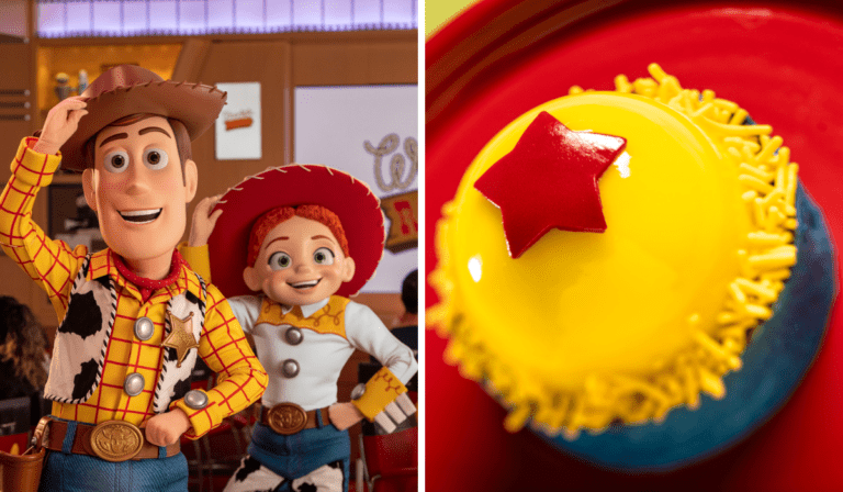 The image is split into two parts. The left side shows two cartoon characters, Woody and Jessie. The right side displays a dessert resembling a Pixar ball, with a yellow top, red star, blue and red base colors, garnished with yellow sprinkles—perfect for a Pixar Day at Sea celebration.