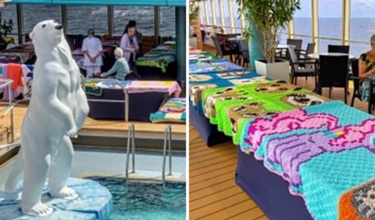 A split image: Left side shows a white polar bear statue beside a pool with people in the background, reminiscent of a Holland America cruise deck. Right side shows a row of colorful crocheted blankets displayed on tables in an indoor area with large windows.