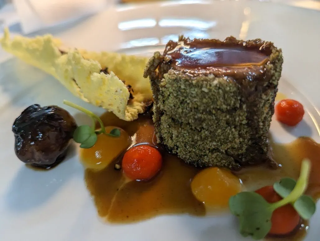 Experience Carnival Venezia dining with a gourmet dish featuring herb-coated meat accompanied by a crispy breadstick. The plate is elegantly adorned with a rich brown sauce, vibrant red and yellow vegetables, and dark glazed fruit, all garnished with microgreens for the perfect finish.
