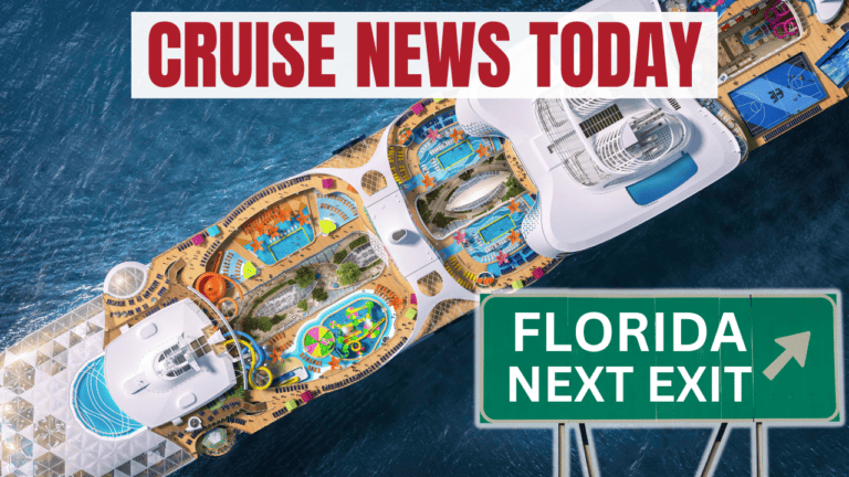 Aerial view of a cruise ship sailing in the ocean with various recreational areas on its deck. The text "CRUISE NEWS TODAY" is displayed at the top, with "June 21, 2023" just below it, and a green highway sign saying "FLORIDA NEXT EXIT" at the bottom right.