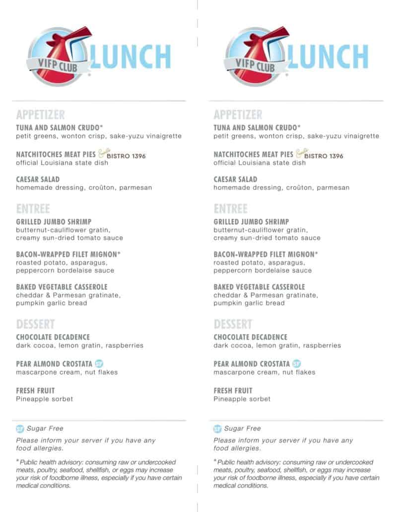 Carnival VIFP Lunch Menu