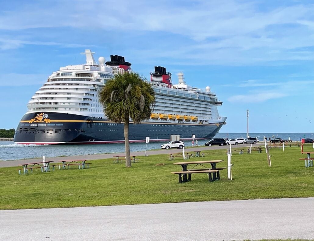 A large Disney cruise ship sailing on the sea near a grassy area with picnic tables and a few parked cars.