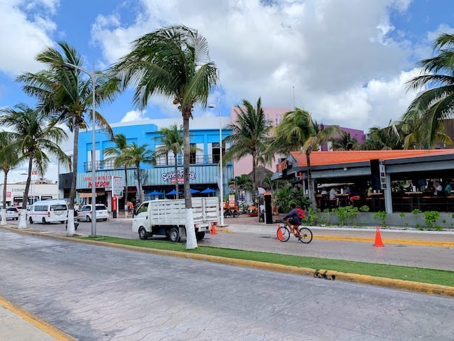 A cyclist rides along a road with palm trees lining both sides, while buildings, including a blue one marked "Sonora Grill" and another with a red awning, are visible in the background. Scooters in cruise ports can be seen nearby, and a few vehicles, including a white truck, are parked along the street.