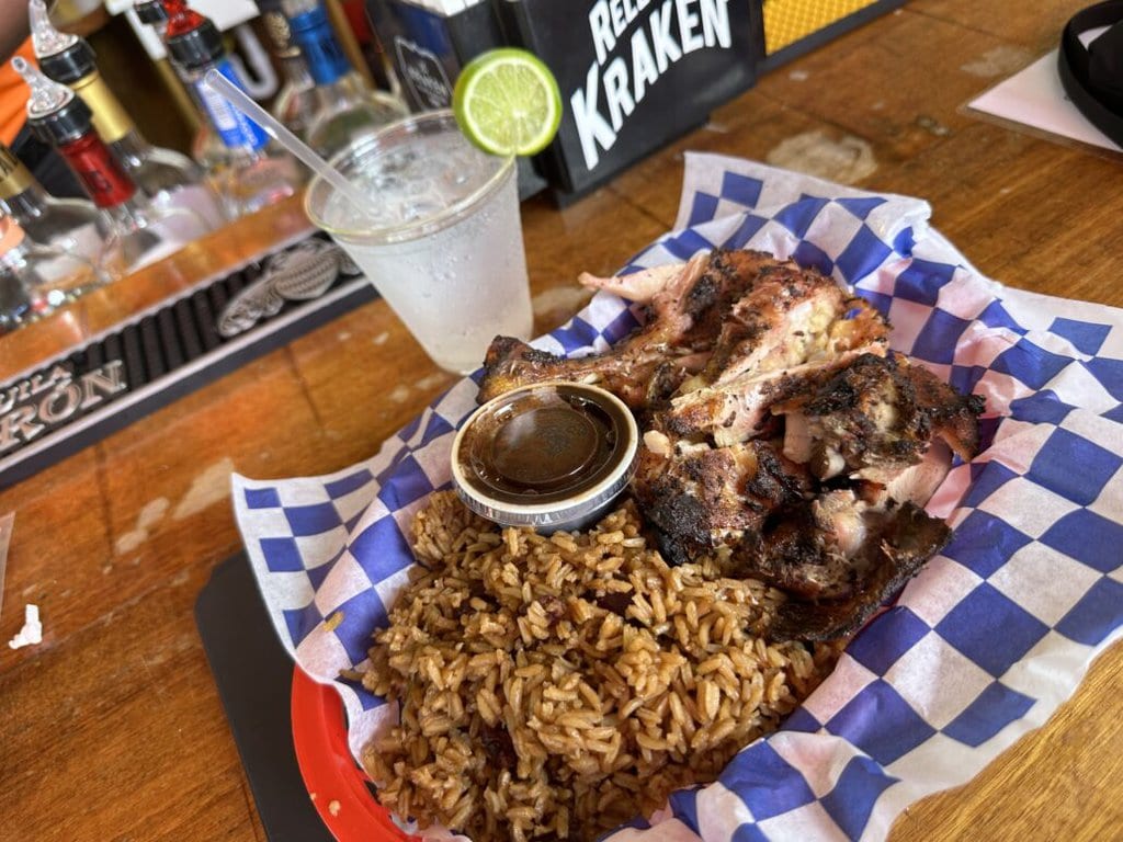 Grand Turk dining jerk chicken