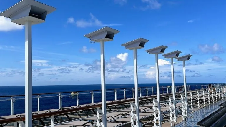 Four highspeed starlink internet security routers on the deck of a cruise ship.