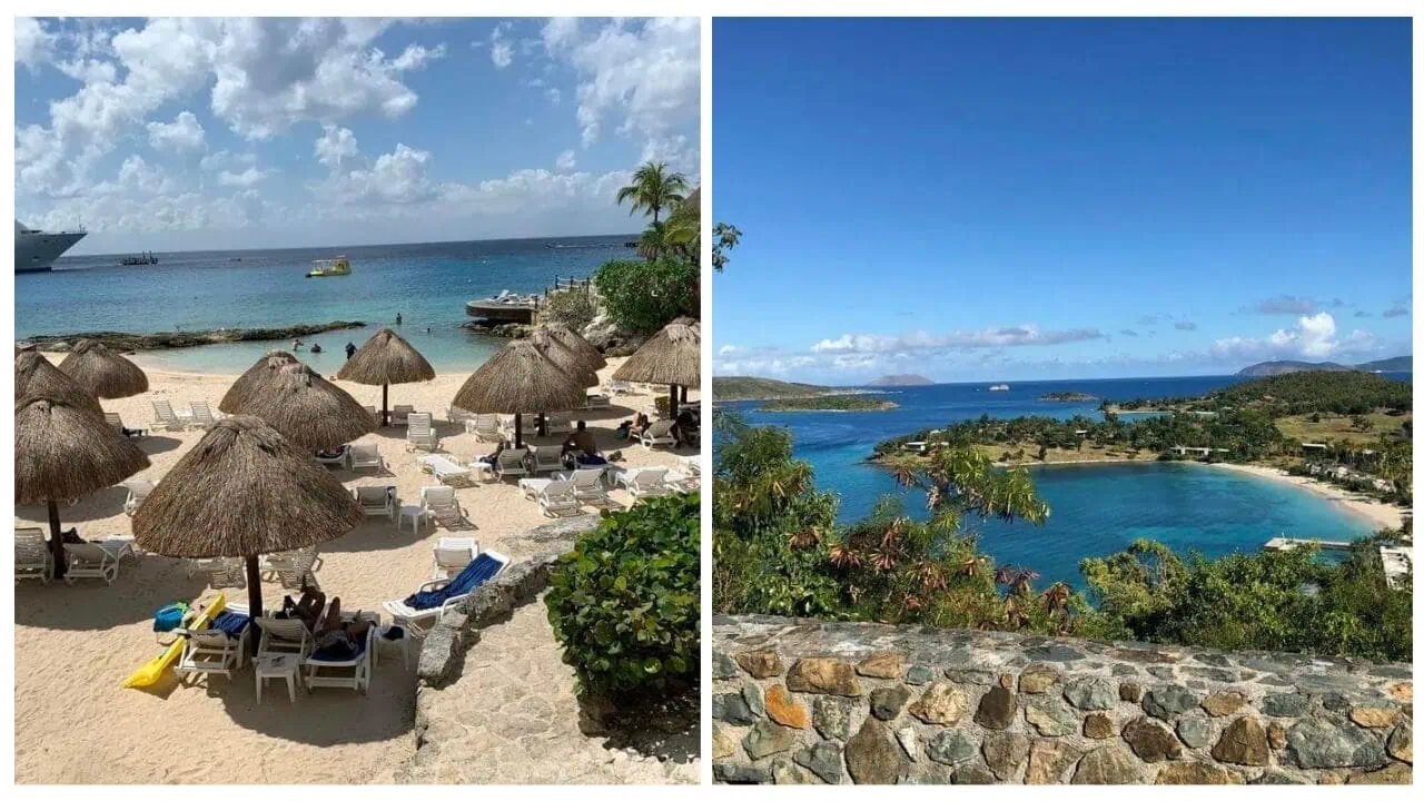Split image showing two beach scenes: on the left, a sandy beach with straw umbrellas and lounge chairs; on the right, a scenic coastal view with blue waters and greenery, capturing the essence of an eastern vs. western Caribbean cruise.