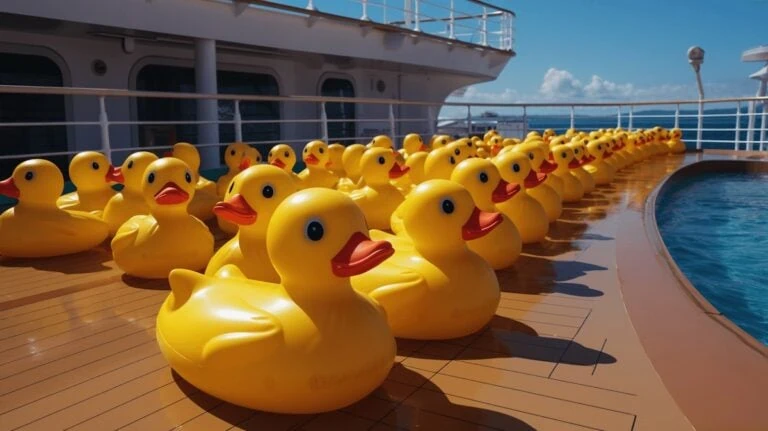 Rubber ducks adorning the deck of a cruise ship.