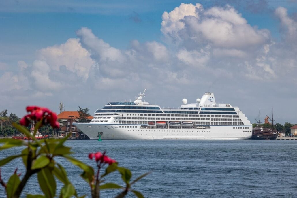 A large Oceania Cruises ship on the water near the coast with fluffy clouds above, and red flowers in the foreground.