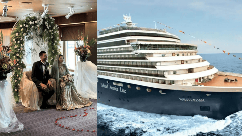 A newlywed couple sits on a stage decorated with white floral arrangements and draped fabric, embodying their Wedding Dreams. The groom wears a black suit, while the bride dazzles in a traditional gown. In the background, the second part of the image reveals the cruise ship "Westerdam" sailing majestically on the ocean.