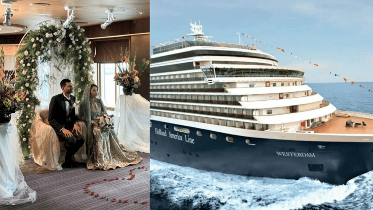 A newlywed couple sits on a stage decorated with white floral arrangements and draped fabric, embodying their Wedding Dreams. The groom wears a black suit, while the bride dazzles in a traditional gown. In the background, the second part of the image reveals the cruise ship "Westerdam" sailing majestically on the ocean.