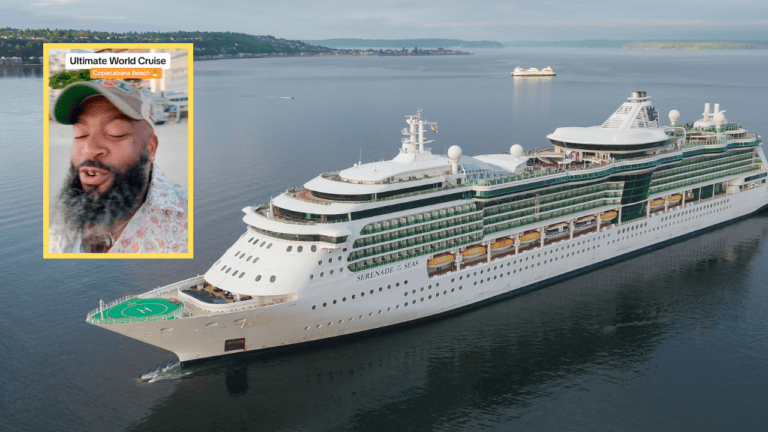 A picture of a cruise ship with a passenger in a green hat.