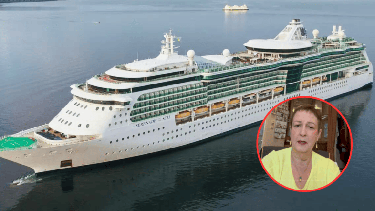 A woman is standing next to a Royal Caribbean cruise ship.