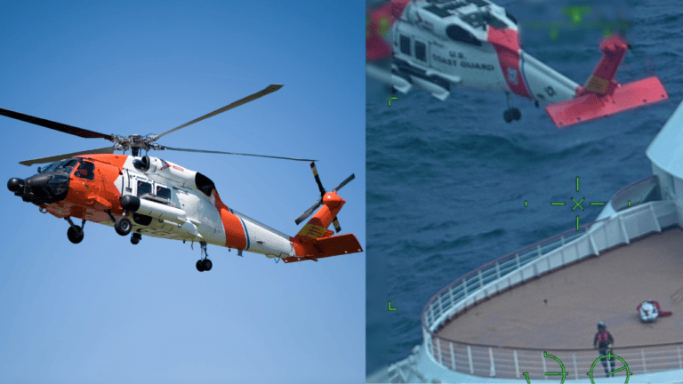 Two pictures of a coast guard helicopter performing medical evacuations over a ship.