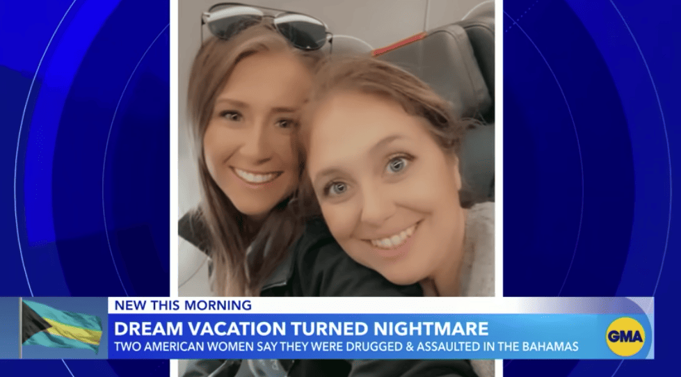 Two women on a plane with the words dream vacation turned nightmare in the Bahamas.