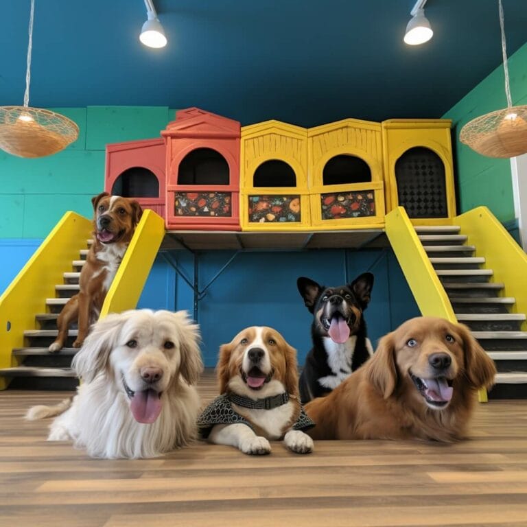 A group of dogs posing in front of a colorful dog house for pet care.