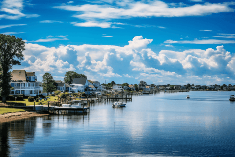 A serene waterway with charming houses and colorful boats peacefully sailing through it.