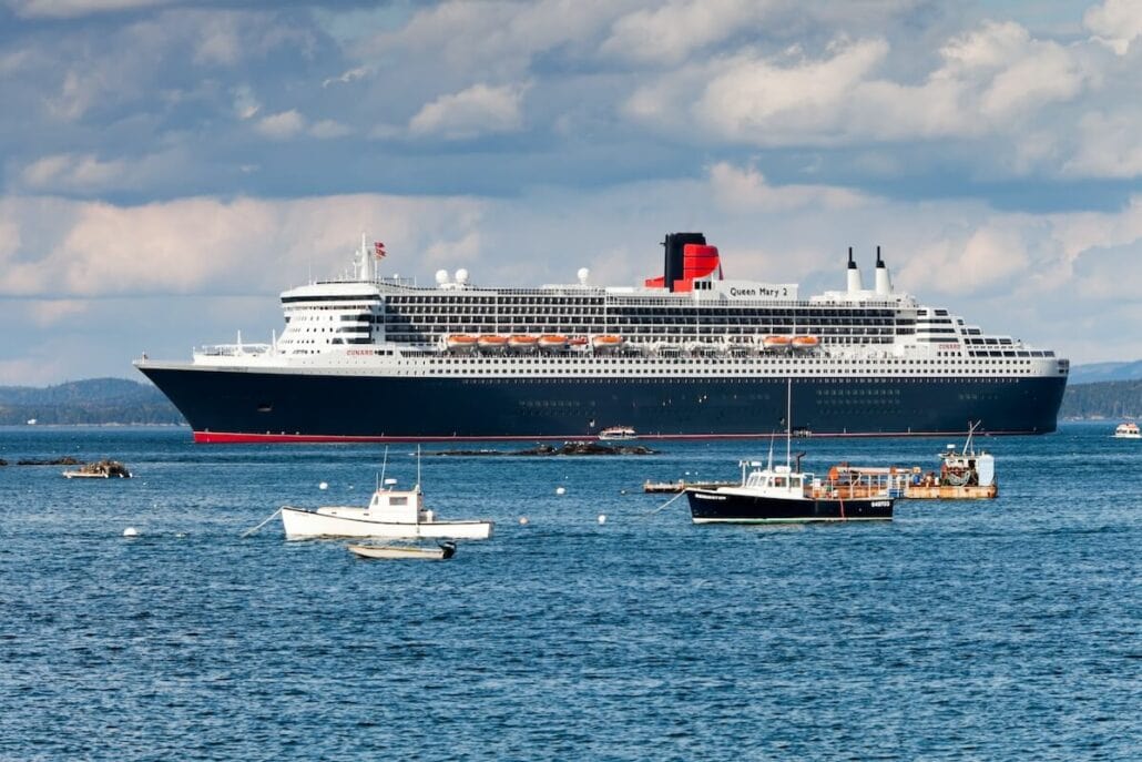 A large ship in the water near Bar Harbor.