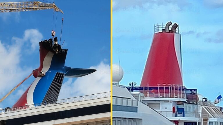 A split image showcasing the funnels of two cruise ships. The left funnel, labeled Carnival Ship, has a red, white, and blue design under construction with a crane visible. The right funnel is red with decorative white and black accents, and it appears complete against a bright blue sky.