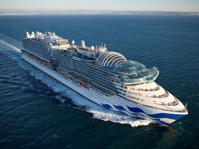 A large blue and white Sun Princess cruise ship sets sail in the ocean.