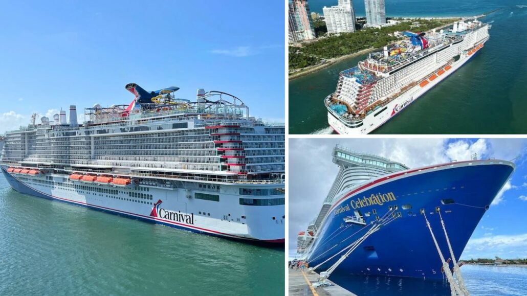 A collage of three photos showcasing different angles of a billion-dollar cruise giant at a port with clear blue skies.