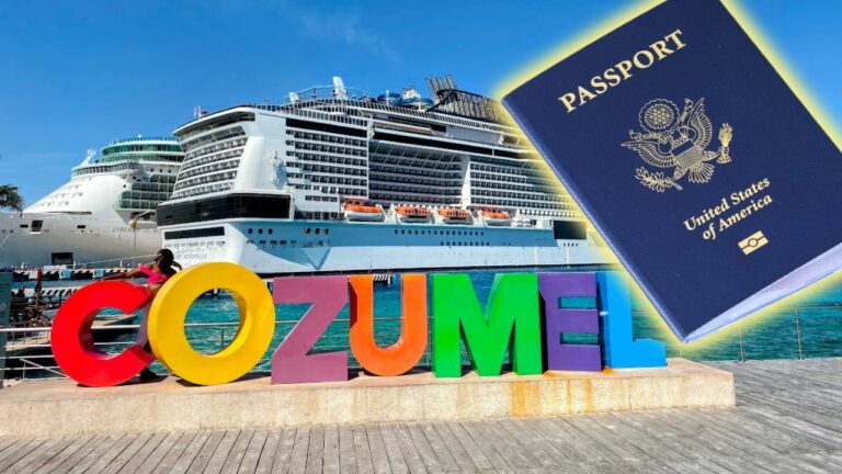 A colorful sign with the word "Cozumel" and "Passport to Cruise" in front of a cruise ship.