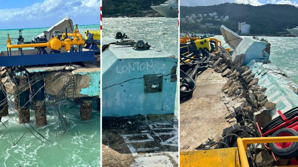 Two pictures of a damaged Jamaican dock at Ocho Rios Port with an MSC Cruises boat in the water.