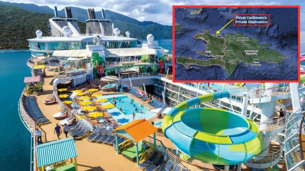 A Royal Caribbean cruise ship with a swimming pool and a map.