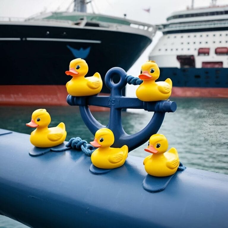 Five yellow cruise ducks are arranged on and around a blue anchor tied with rope, with two large ships visible in the background on the water.