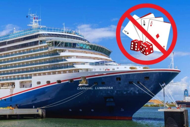 A large Carnival cruise ship, the "Carnival Luminosa," docked at a port with a no unauthorized gambling icon overlaying the image.