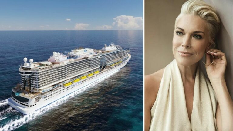 A luxurious LNG-Powered Cruise Ship sailing the ocean alongside a portrait of an elegant Hannah Waddingham smiling.