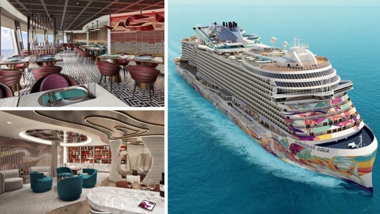 Collage of three images showcasing a Norwegian Cruise ship; a colorful ship exterior on the ocean, new dining experiences in a stylish restaurant, and an elegant lounge area with modern decor.