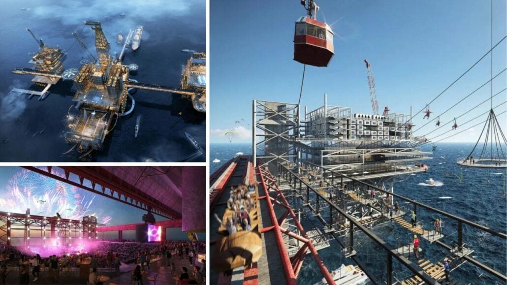 The image is divided into three sections: the top left shows a massive offshore oil rig, the bottom left depicts an indoor event with a stage and crowd, and the right side reveals a bustling construction site near a cruise port with scaffolding and cranes.