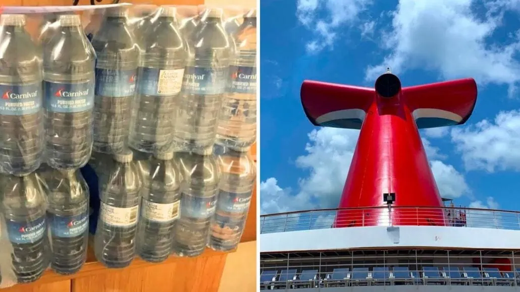 The image is split into two sections. The left side shows multiple plastic bottles of water packed in plastic wrap, each labeled "Carnival," highlighting the economics of bottled water prices. The right side features the red and white funnel of a Carnival cruise ship against a blue sky with clouds.