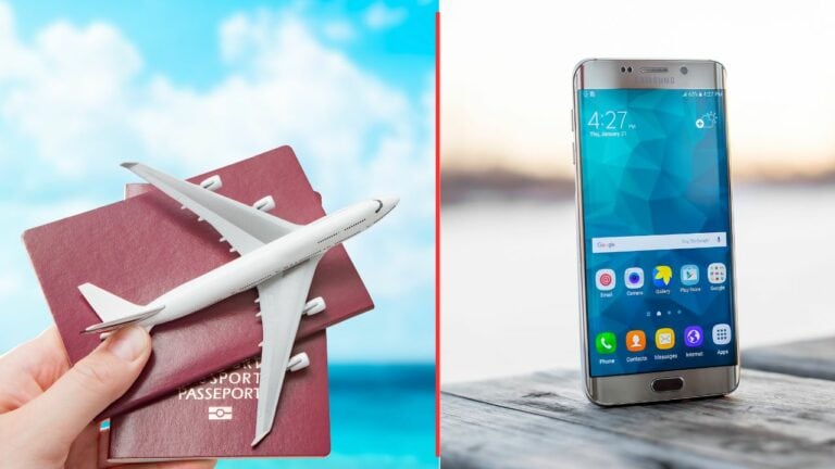 A person holds a toy airplane and two passports against a blue background on the left, dreaming of a vacation. On the right, a smartphone displays the time and several app icons, reminding of an upcoming phone bill, all set on a light-colored surface.