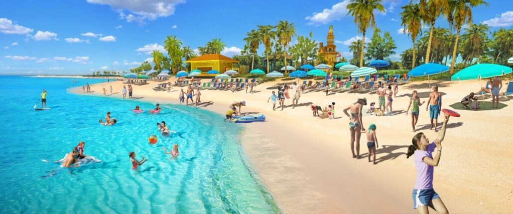 A crowded beach scene at Starfish Lagoon with people swimming, sunbathing, and engaging in various activities under blue umbrellas on a sunny day.