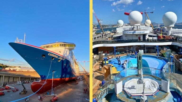 Image of the Carnival Legend cruise ship dry docked with workers around it. The left side shows the ship's exterior, while the right side features a view of the ship's deck, focusing on an empty pool area amidst ongoing maintenance work.