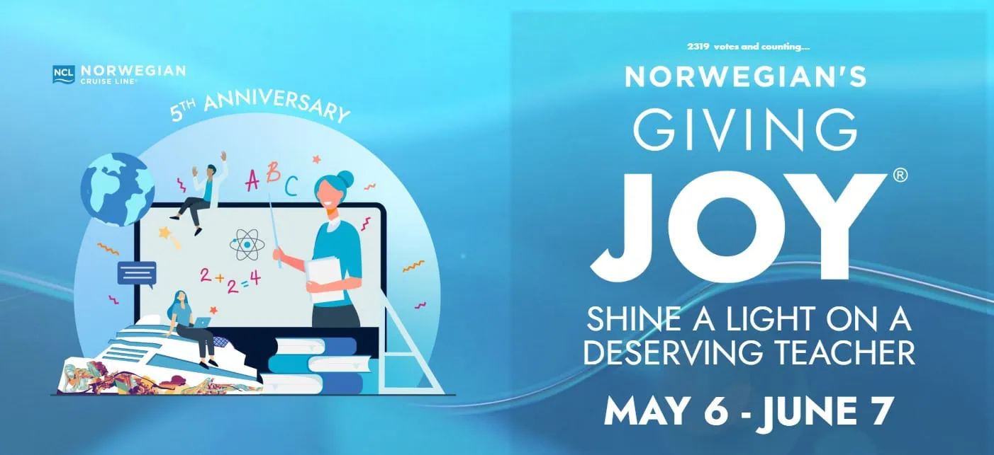 Promotional banner for Norwegian Cruise Line's 5th anniversary "Giving Joy" campaign to honor teachers, featuring graphic illustrations of teaching activities and offering free cruises.